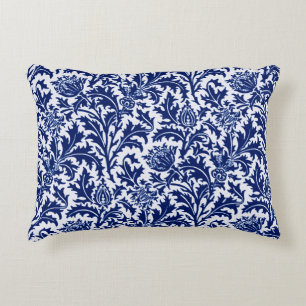 William Morris-Distel-Damast, Kobalt-Blau u. Weiß Dekokissen