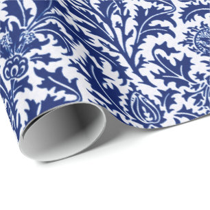 William Morris-Distel-Damast, Kobalt-Blau u. Weiß Geschenkpapier