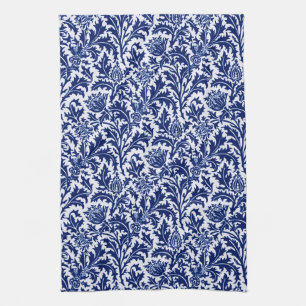 William Morris-Distel-Damast, Kobalt-Blau u. Weiß Küchentuch