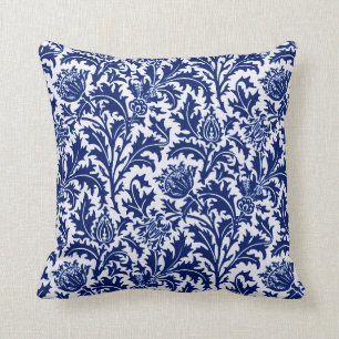 William Morris Distel Damast, Kobaltblau und Weiß Kissen