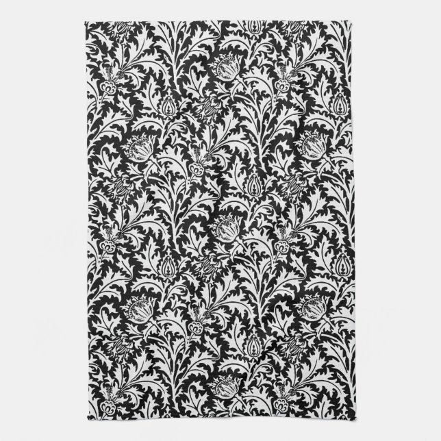 William Morris-Distel-Damast, Schwarzweiss Geschirrtuch (Vertikal)