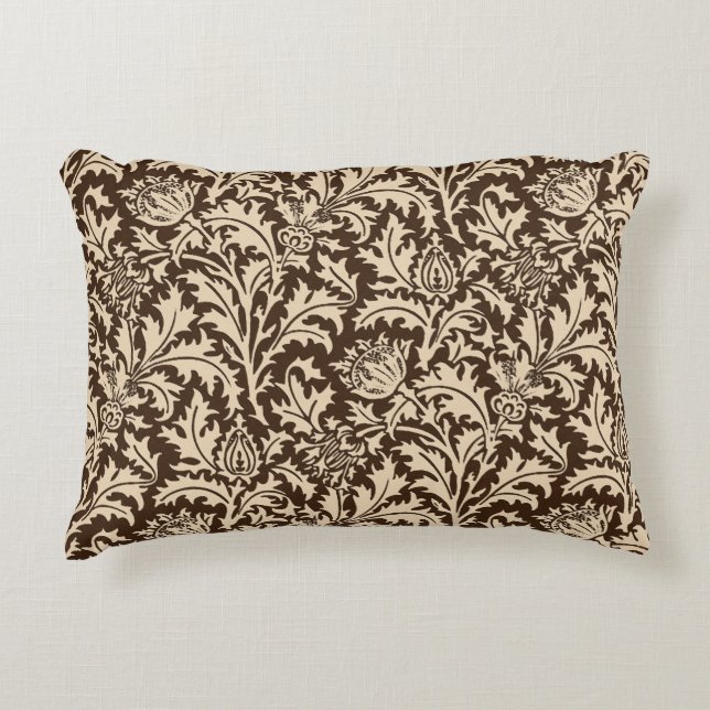 William Morris-Distel-Damast, Taupe TAN u. Beige Dekokissen (Vorderseite)