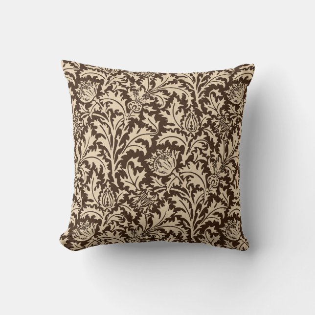 William Morris-Distel-Damast, Taupe TAN u. Beige Kissen (Vorderseite)