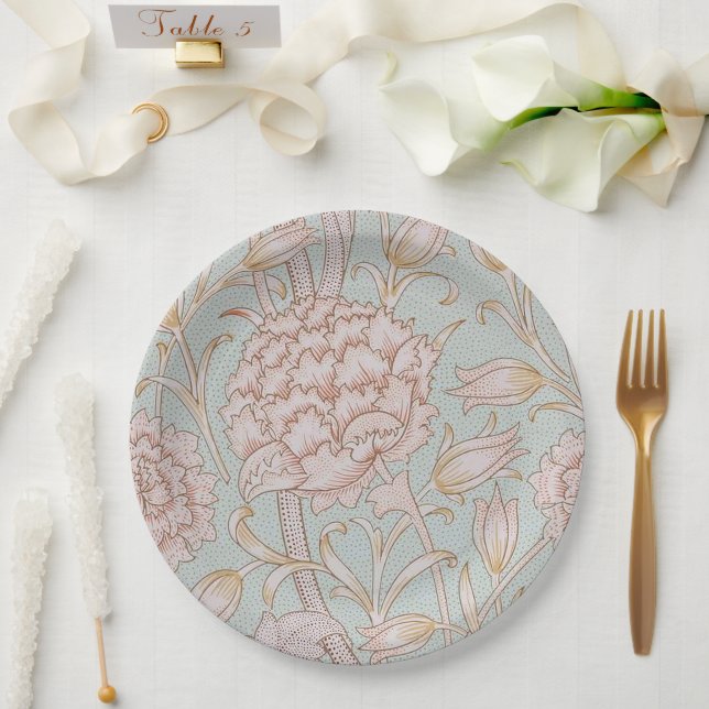 William Morris, Elegant Pink Wild Tulips Soft Blue Pappteller (Hochzeit)