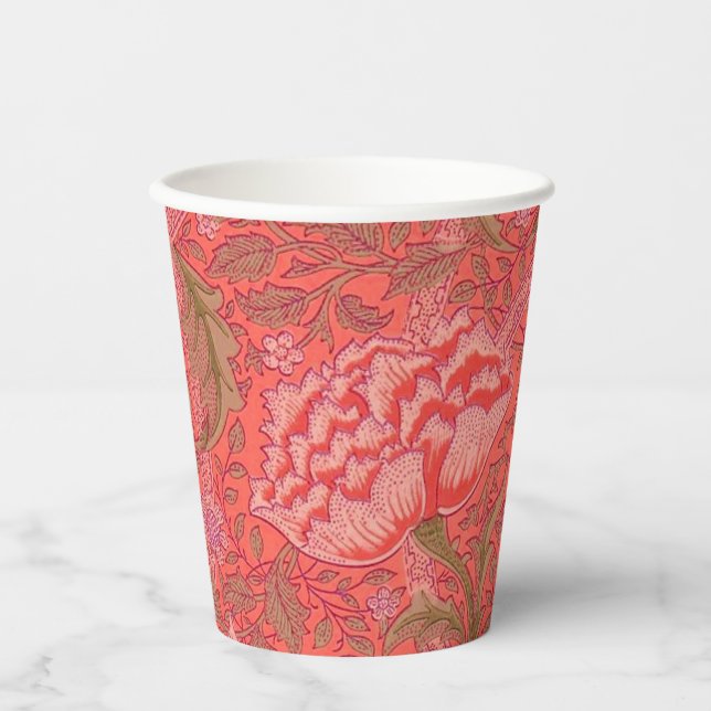 William Morris - Elegantes Rot & Rosa Floral Pappbecher (Vorderseite)