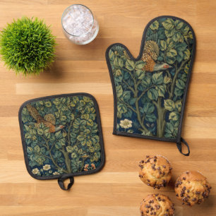 William Morris Fasan Vogel Baum Wald Ofenhandschuh & Topflappen-Set