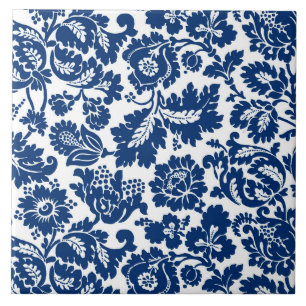 William Morris Floral Damask, Cobalt Blue auf Weiß Fliese