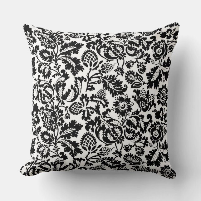 William Morris Floral Damask, Schwarz auf Weiß Kissen (Vorderseite)