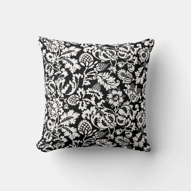 William Morris Floral Damask, Schwarz und Weiß Kissen (Vorderseite)