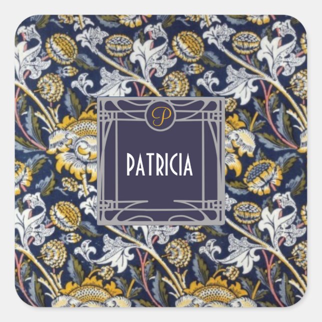William Morris Floral Individuelle Name Chic Quadratischer Aufkleber (Vorderseite)