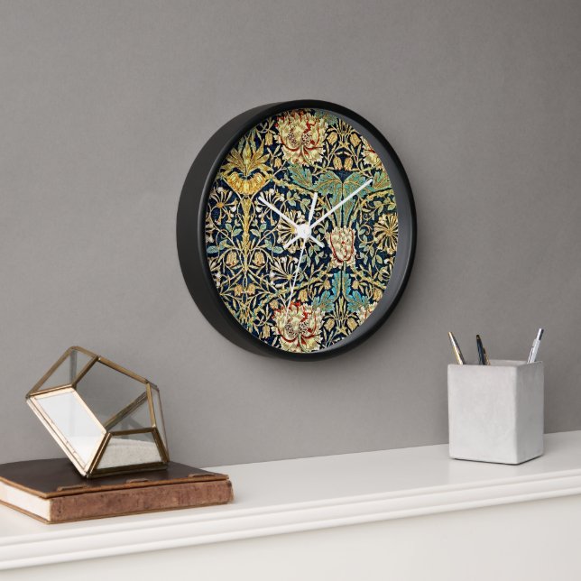 William Morris Floral Pattern Gold Turquoise Red Uhr (Büro)