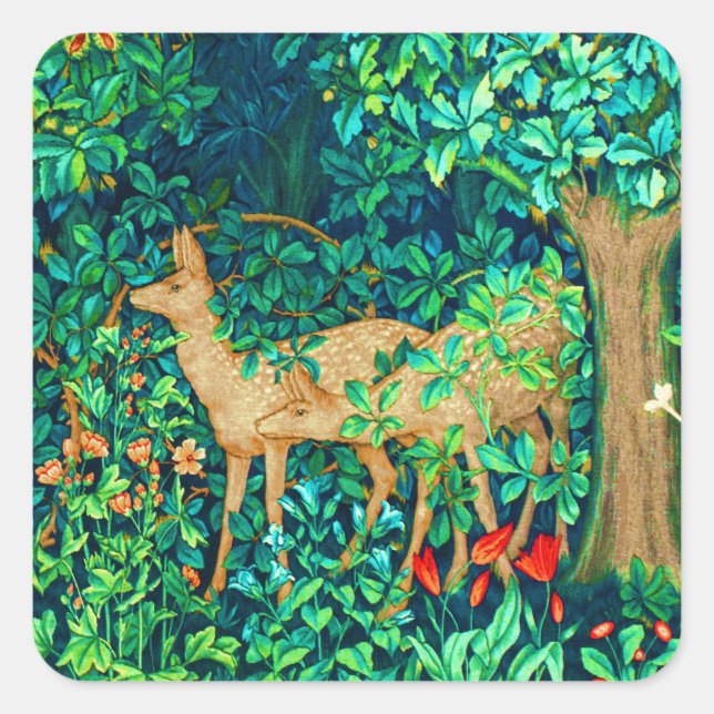 William Morris Forest Deer Tapestry Quadratischer Aufkleber (Vorderseite)