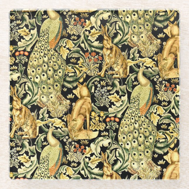 William Morris Forest Tapestry Fox Hare Peacock Glasuntersetzer (Vorderseite)