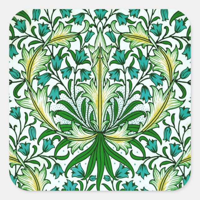 William Morris Gold Aqua Floral Wallpaper Quadratischer Aufkleber (Vorderseite)