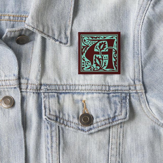 William Morris Green Dark Red Monogram Arts Crafts Button (Beispiel)