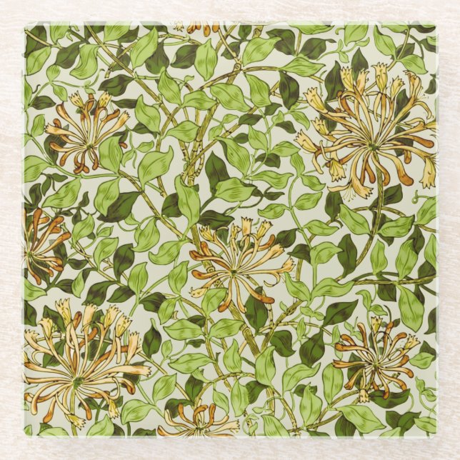 William Morris Green Honeysuckle Blumenwallpaper Glasuntersetzer (Vorderseite)