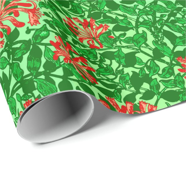 William Morris Honeysuckle, Coral Red und Green Geschenkpapier (Rolleneckpunkt)