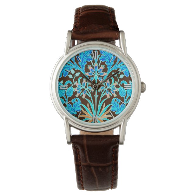 William Morris Hyacinth Print, Aqua und Brown Armbanduhr (Vorderseite)