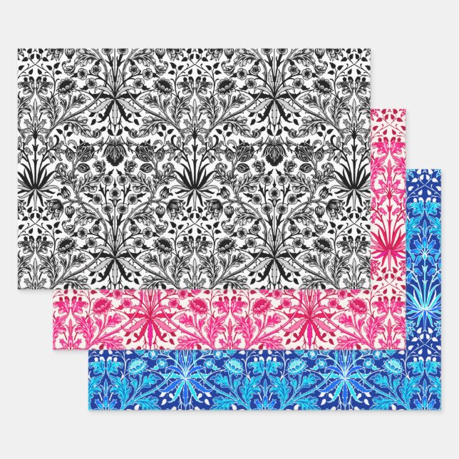 William Morris Hyacinths, Schwarz/Weiß, Rosa, Blau Geschenkpapier Set (Set)