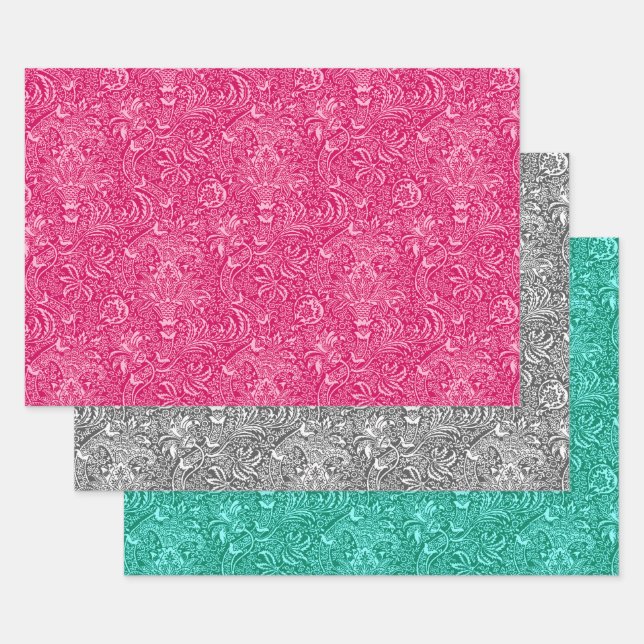 William Morris Indian, Fuchsia Pink, Grau, Aqua Geschenkpapier Set (Set)
