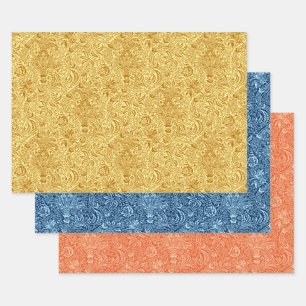 William Morris Indisch, Senf, Blau, Orange  Geschenkpapier Set