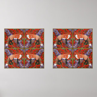 William Morris Inspired Fox with poppies bluebell  Bilderwand Sets