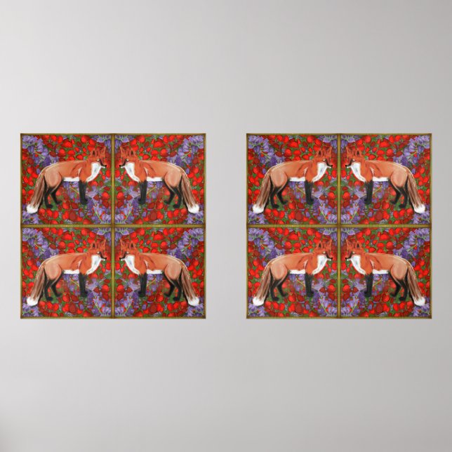 William Morris Inspired Fox with poppies bluebell  Bilderwand Sets (Vorderseite)