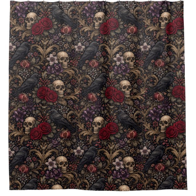 William Morris Inspired Pattern Gothic Skulls Duschvorhang (Vorderseite)