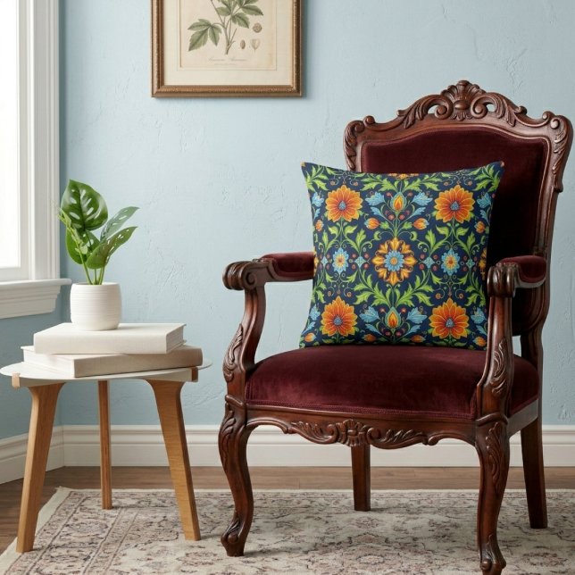 William Morris Inspired Pattern Orange Blue Flower Kissen (William Morris Inspired Pattern Orange Blue Flower Throw Pillow by Ricaso, Vintage twist modern art)