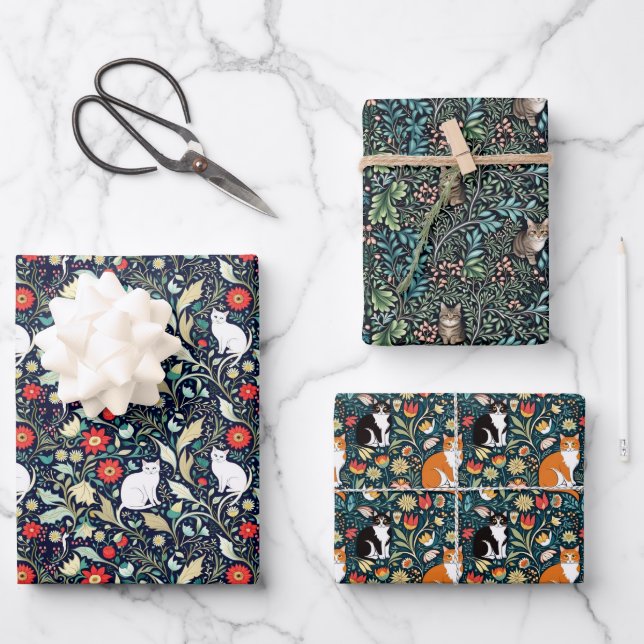 William Morris Inspiriert Cats Vines & Blume Geschenkpapier Set (Vorderseite)