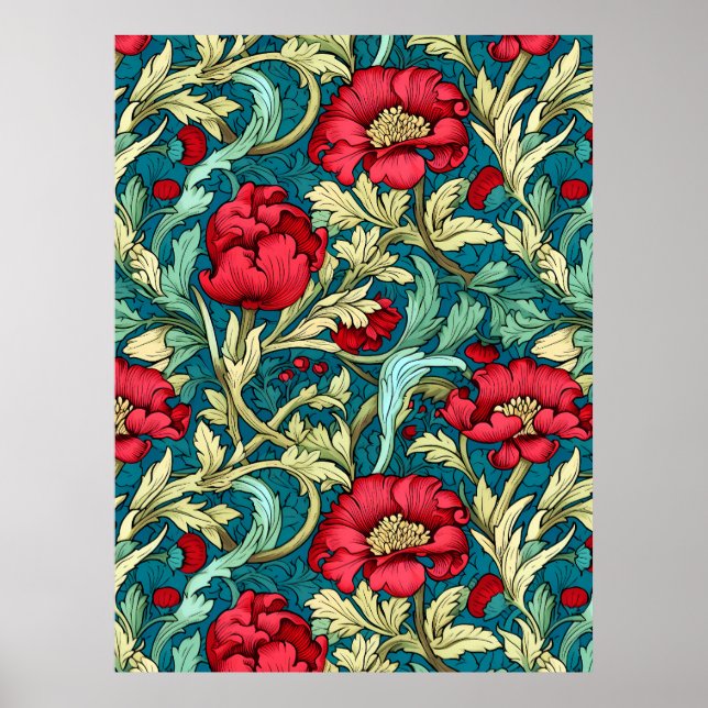 William Morris Inspiriert Red Blume Pattern Poster (Vorne)