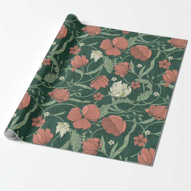 William Morris Inspirierte Green Red Botanical Flo Geschenkpapier (Ungerollt)