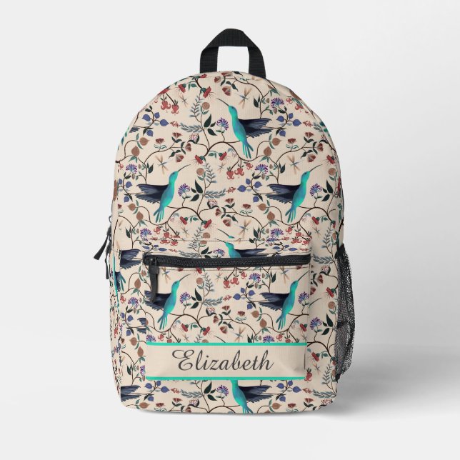 William Morris Inspirierte Hummingbirds Botanical Bedruckter Rucksack (Vorderseite)