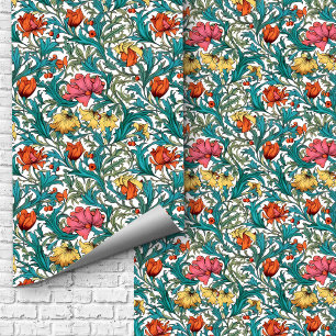 William Morris inspirierte Rosa-Gelb-Blüten Tapete