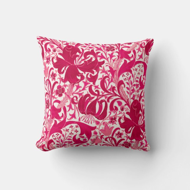 William Morris-Iris und Lilie, Fuchsien-Rosa Kissen (Vorderseite)