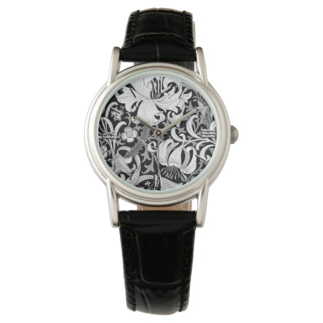 William Morris Iris und Lily, Schwarz und Weiß Armbanduhr (Vorderseite)