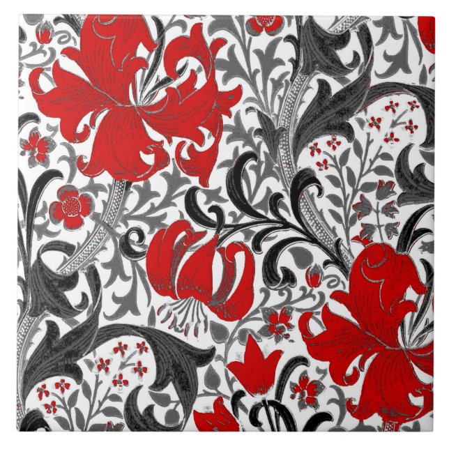 William Morris Iris und Lily, Schwarz, Weiß und Ro Fliese (Vorderseite)