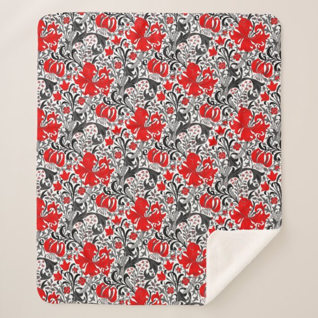 William Morris Iris und Lily, Schwarz, Weiß und Ro Sherpadecke (Vorderseite)