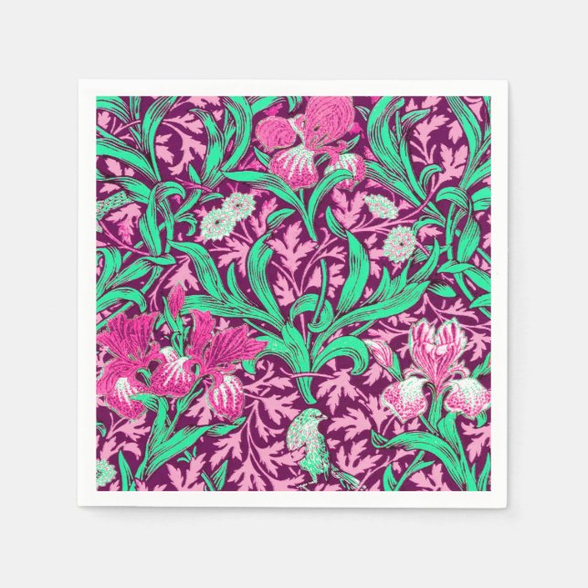 William Morris Irises, Fuchsia Pink und Wein Serviette (Vorderseite)