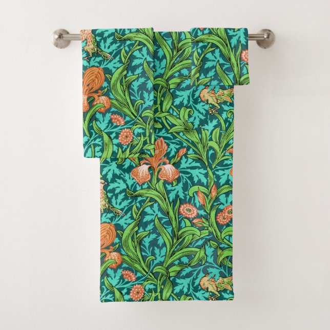 William Morris Irises, Orange und Türkis Badhandtuch Set (Insitu)