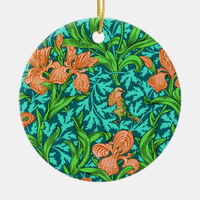 William Morris Irises, Orange und Türkis Keramik Ornament (Vorne)