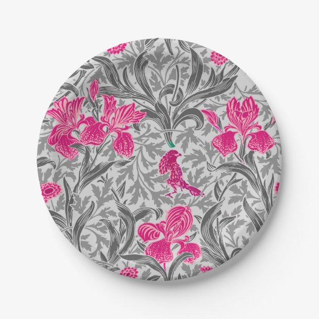 William Morris Irises, Pink und Silver Gray / Grau Pappteller (Vorderseite)