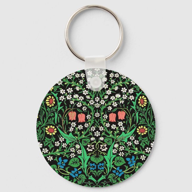 William Morris Jacobobobohne, floral, schwarzer Hi Schlüsselanhänger (Vorderseite)