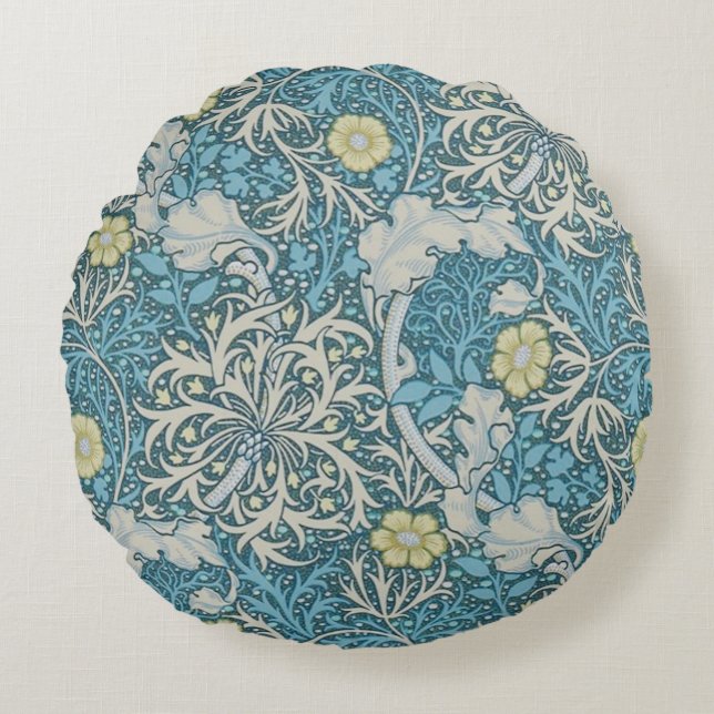 William Morris, Jugendstil-Muster, Algen, Blau,f Rundes Kissen (Vorderseite)