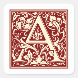 William Morris Letter A Monogram Initial Red Quadratischer Aufkleber