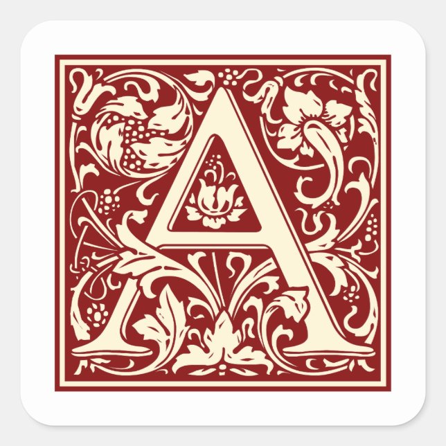 William Morris Letter A Monogram Initial Red Quadratischer Aufkleber (Vorderseite)