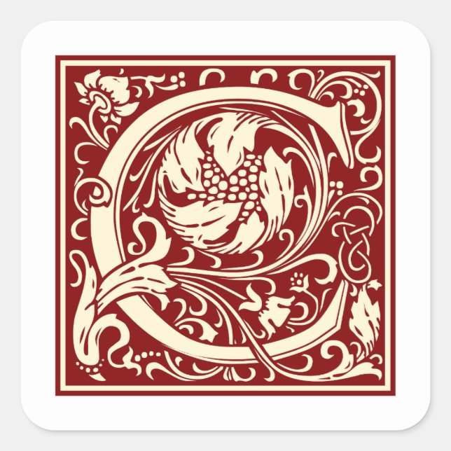 William Morris Letter C Monogram Initial Red Quadratischer Aufkleber (Vorderseite)