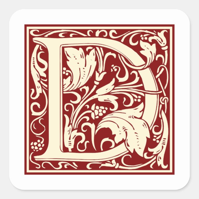 William Morris Letter D Monogram Initial Red Quadratischer Aufkleber (Vorderseite)