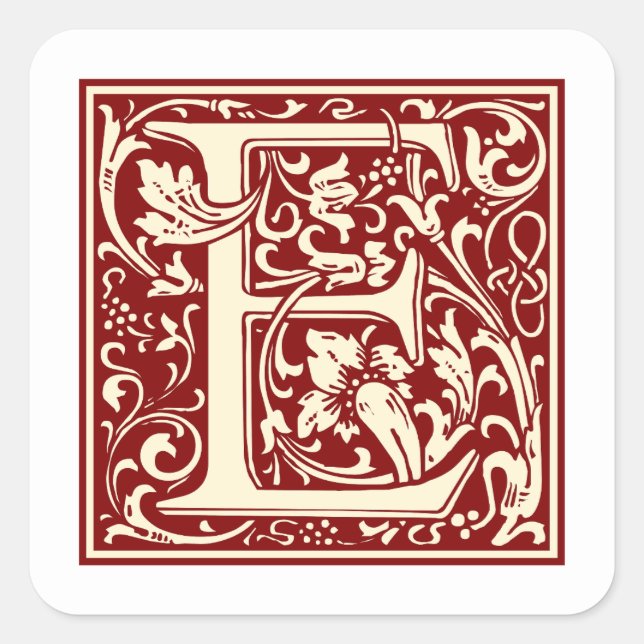 William Morris Letter E Monogram Initial Red Quadratischer Aufkleber (Vorderseite)