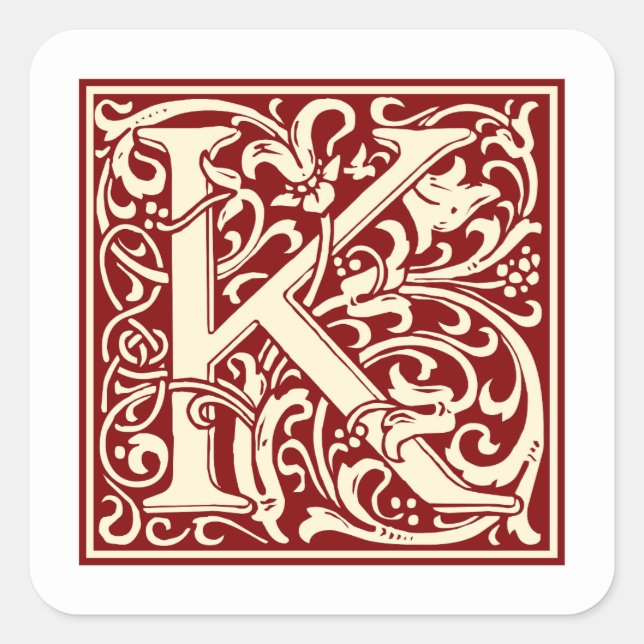 William Morris Letter K Monogram Initial Red Quadratischer Aufkleber (Vorderseite)